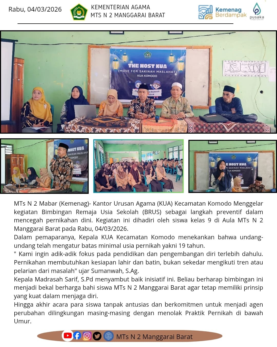 Cegah Pernikahan Dini, KUA Kecamatan Komodo Sambangi Siswa Kelas 9 MTsN 2 Manggarai Barat