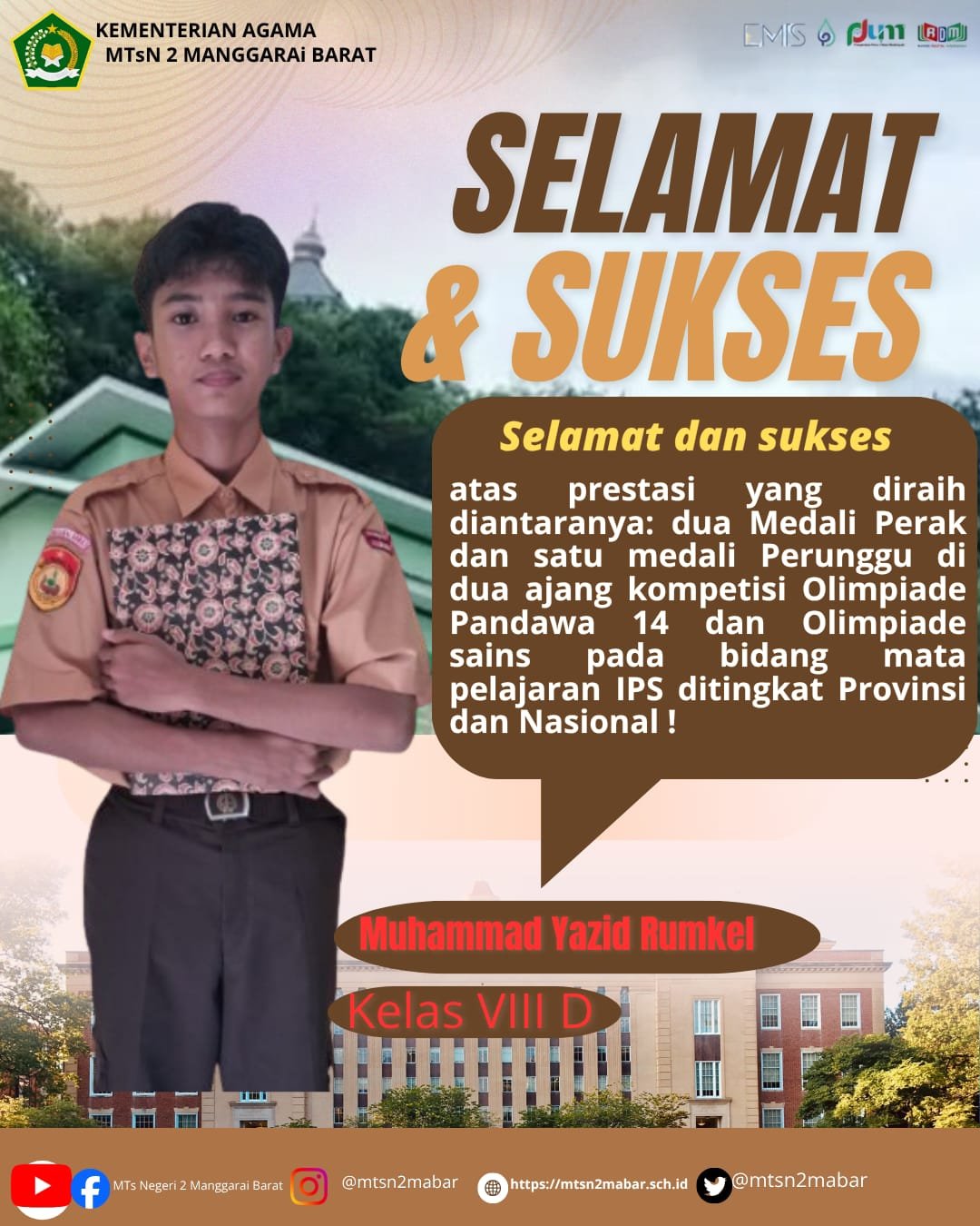 Luar Biasa! Muhammad Yazid Rumkel, Siswa MTsN 2 Manggarai Barat Borong Tiga Penghargaan Sekaligus