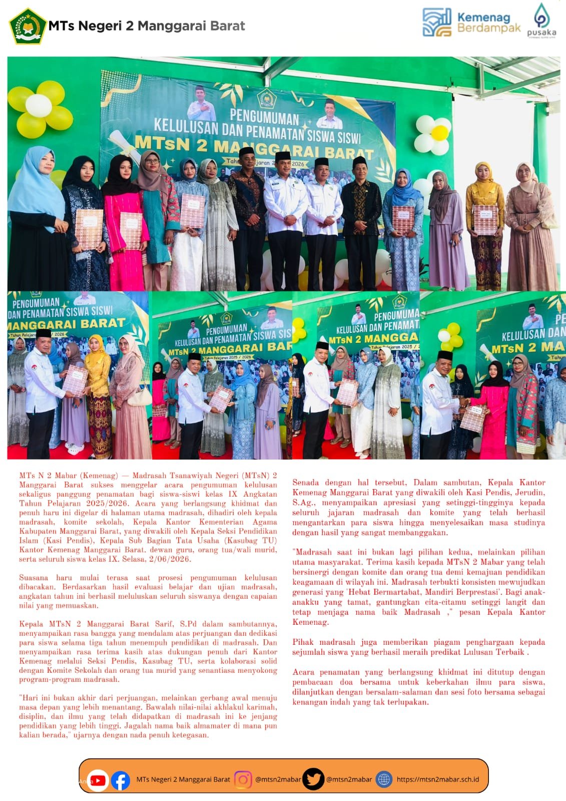 Penuh Haru dan Bangga, MTsN 2 Manggarai Barat Lepas Siswa-Siswi Angkatan TP 2025/2026