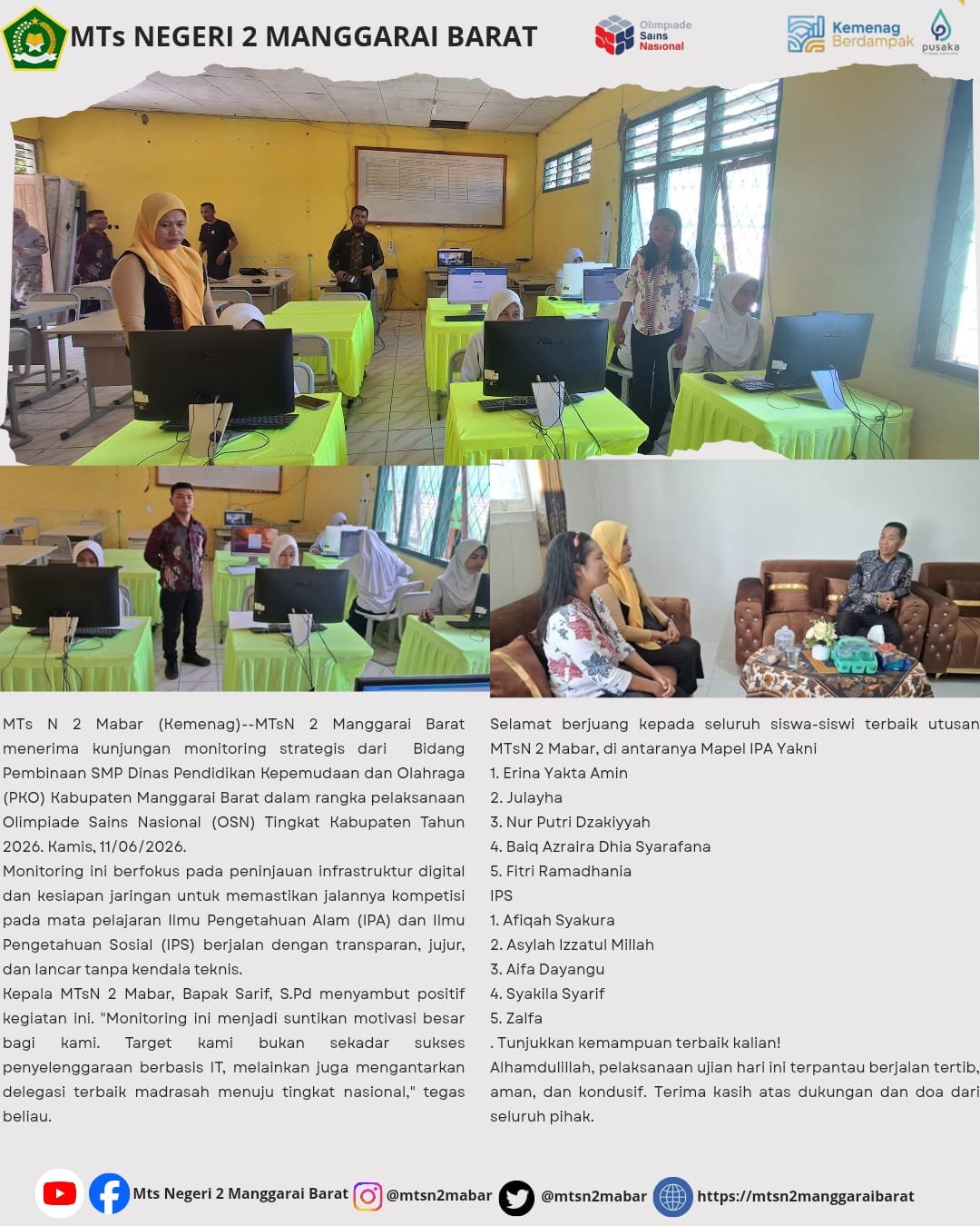 Pastikan Berjalan Lancar,  Bidang SMP Gelar Monitoring OSN Tahun 2026 di MTsN 2 Mabar